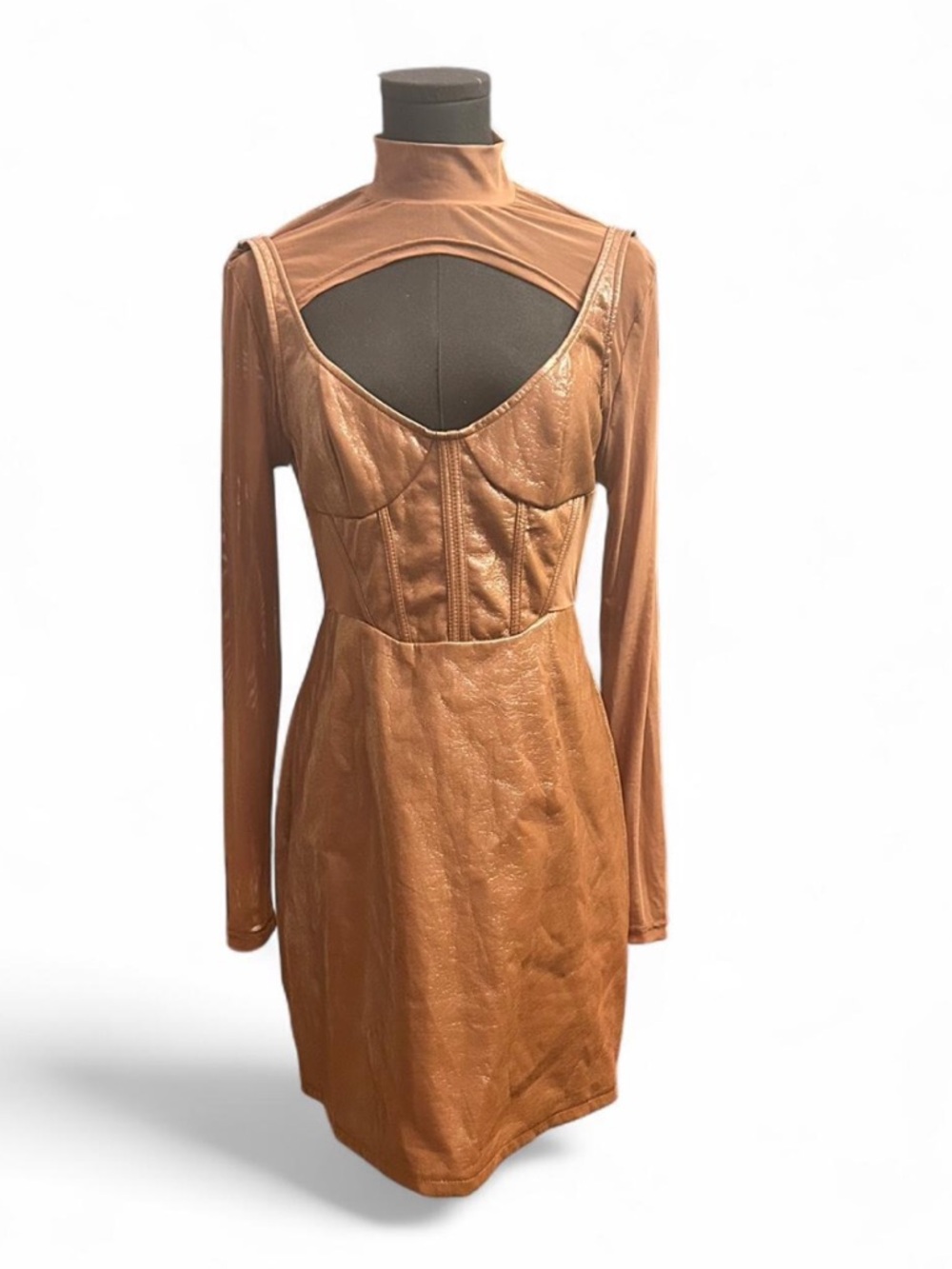 PrettyLittleThing Chocolate Brown Faux-Leather Long Sleeve Cutout Mini Dress